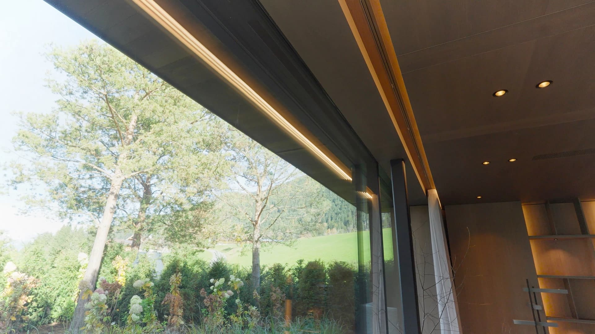 Frameless window front overlooking greenery – still from the film